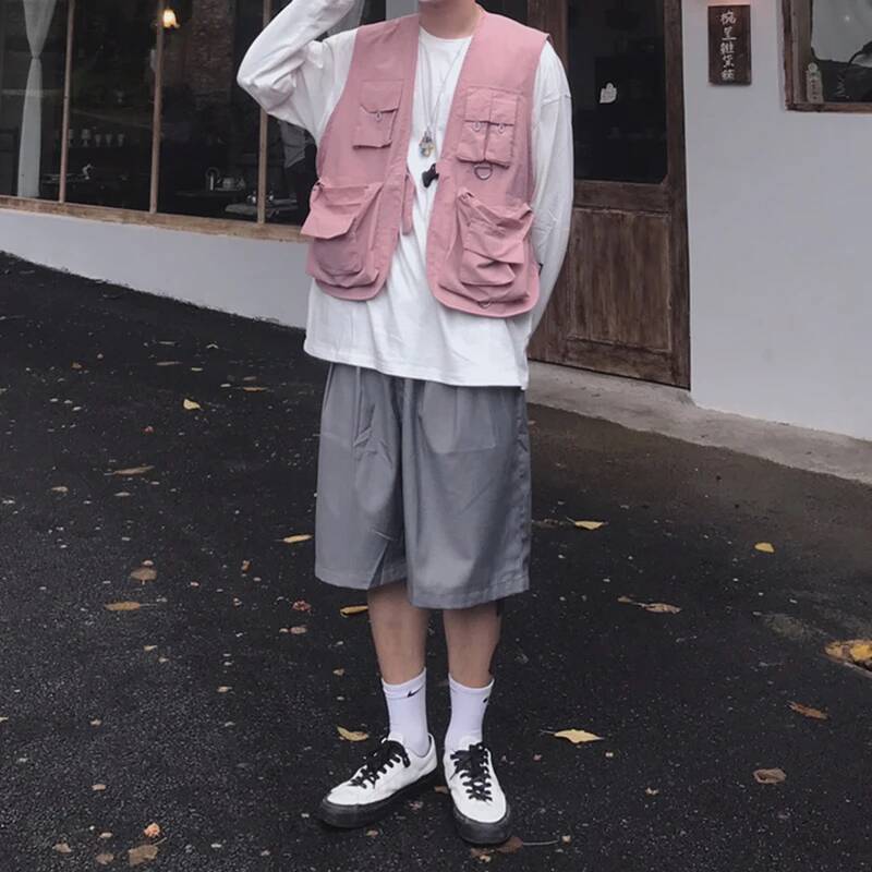 Oversized Pink Vests Multi-Pocket Sleeveless Cargo Jackets Men Military Style Hip Hop Y2k Streetwear Casual Clothes