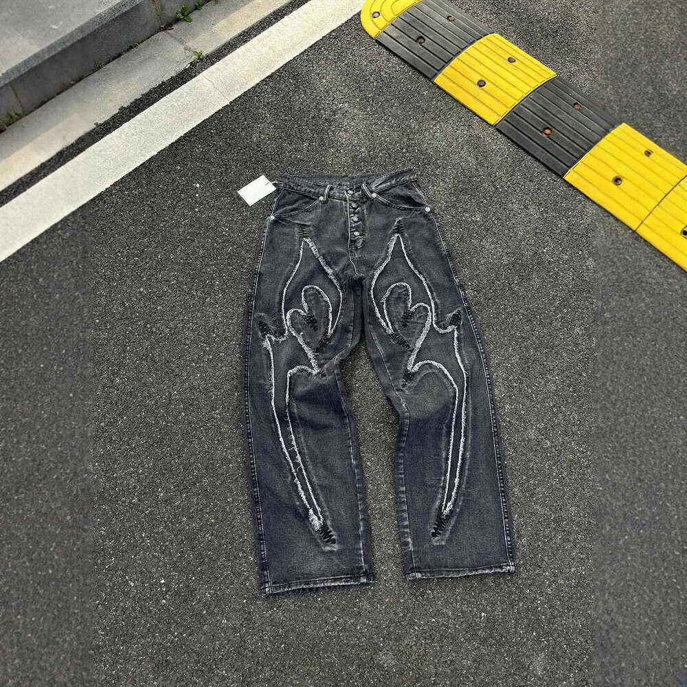 ThugClub24FW Park Jae Fan Same Style Laser Patchwork Scythe Pattern Embroidered Mid-Waist Loose Jeans