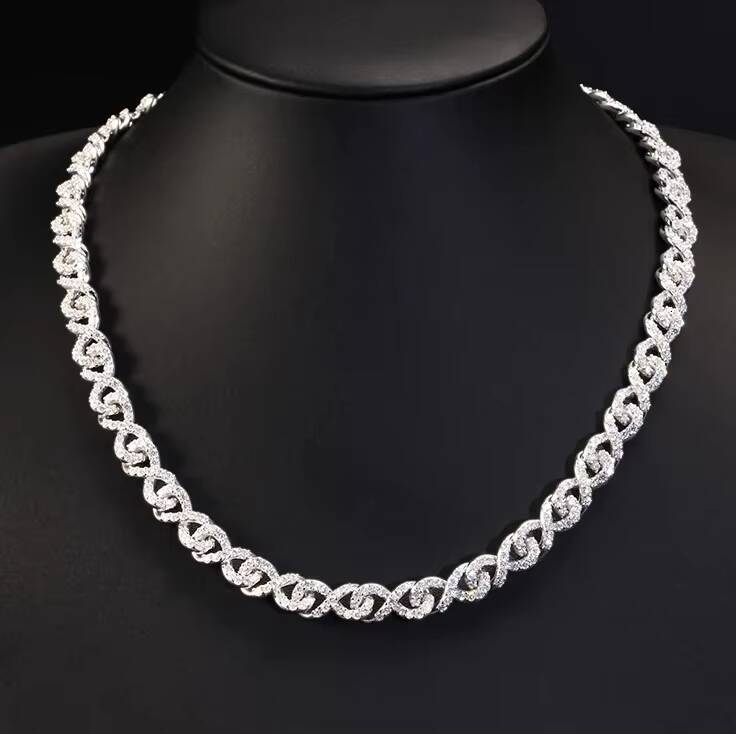 IGI Certified Mens Hip Hop 925 Silver Cuban Chain 14K White Gold Plated VVS Moissanite Diamond Cut Link Cross Flower Pattern