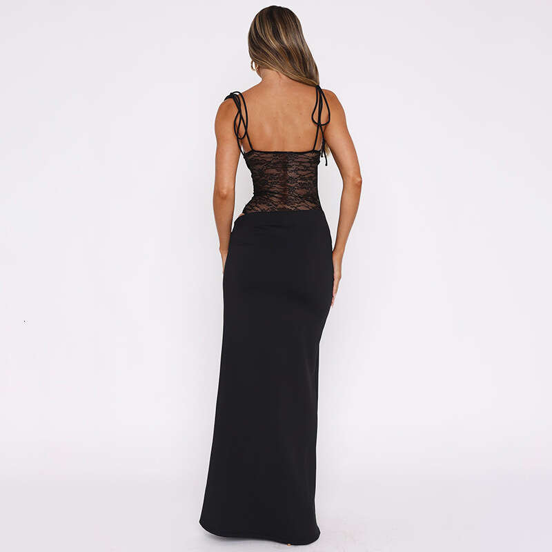 D25ds038 Women's Spring Summer New Solid Color Lace Patchwork Strap Tie Waist Sexy Long Dress B5