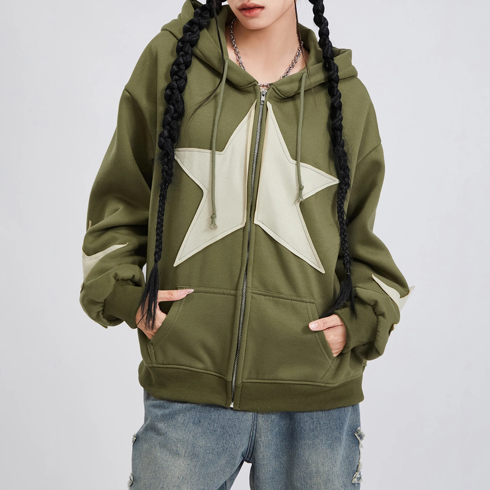 Vintage Star Print Drawstring Hoodies Womens Autumn Casual Loose Long Sleeve Zip Up Hooded Coats Street Harajuku Outerwear 250729