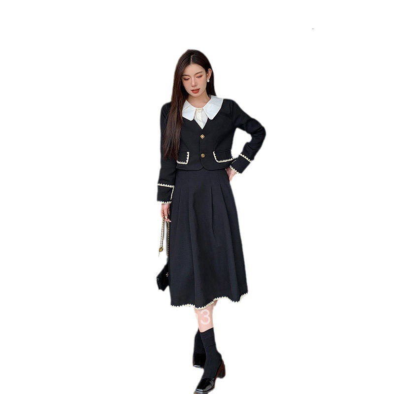 Autumn New French Style Color-Block Long Sleeve Jacket Top + Midi Skirt Set for Women