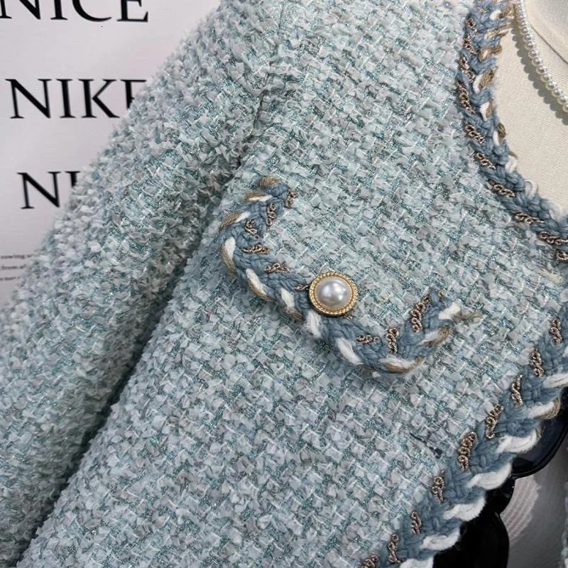 Women Elegant Tweed Jackets Chic Oneck Long Sleeve Tops Autumn Fashion Singlebreasted Office Cardigan Coat Outerwear 250729