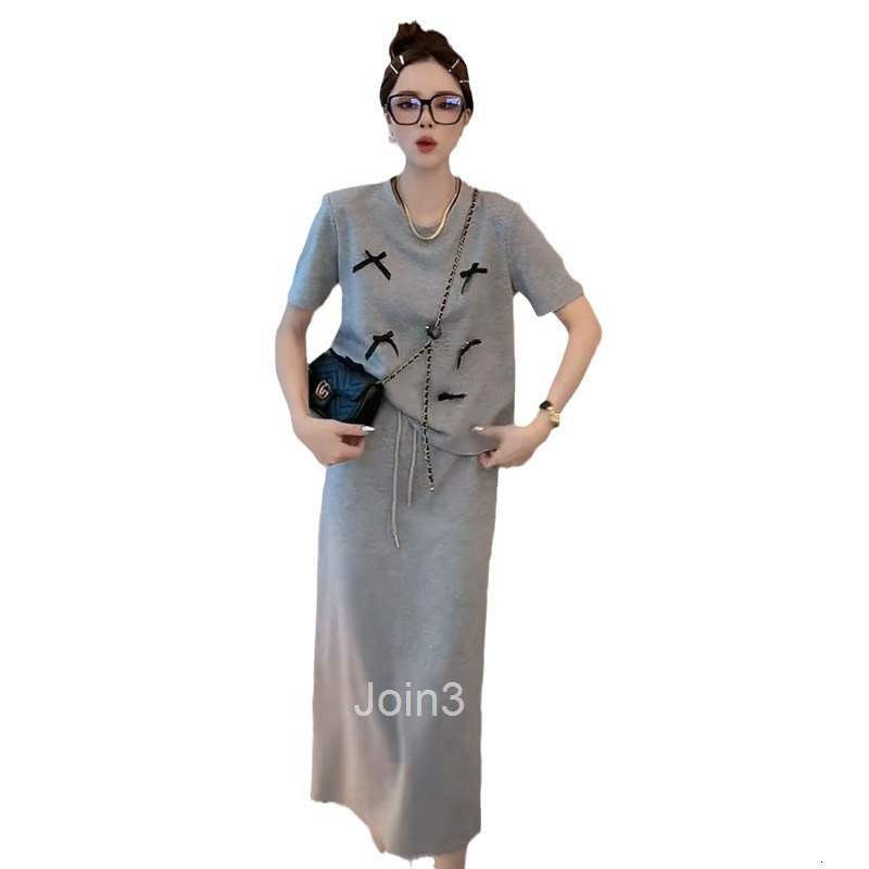 Summer New Plus Size Womens Bowknot Stylish Design Short Sleeve T-Shirt Top + Mid-Length Skirt Two-Piece Set