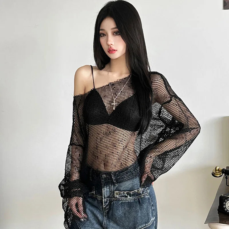 Sexy Club Mesh See Through T-Shirt Women Black Hollow Out Long Sleeve Tees Female Summer Fashion Streetwear Basic Y2K Tops Lady 250725