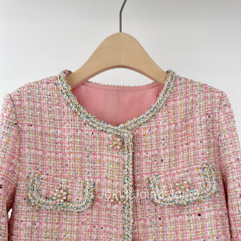 2025 Spring and Autumn New French Style Fashion Plaid Heavy Craft White-Enhancing Long Sleeve Short Coat Womens Top