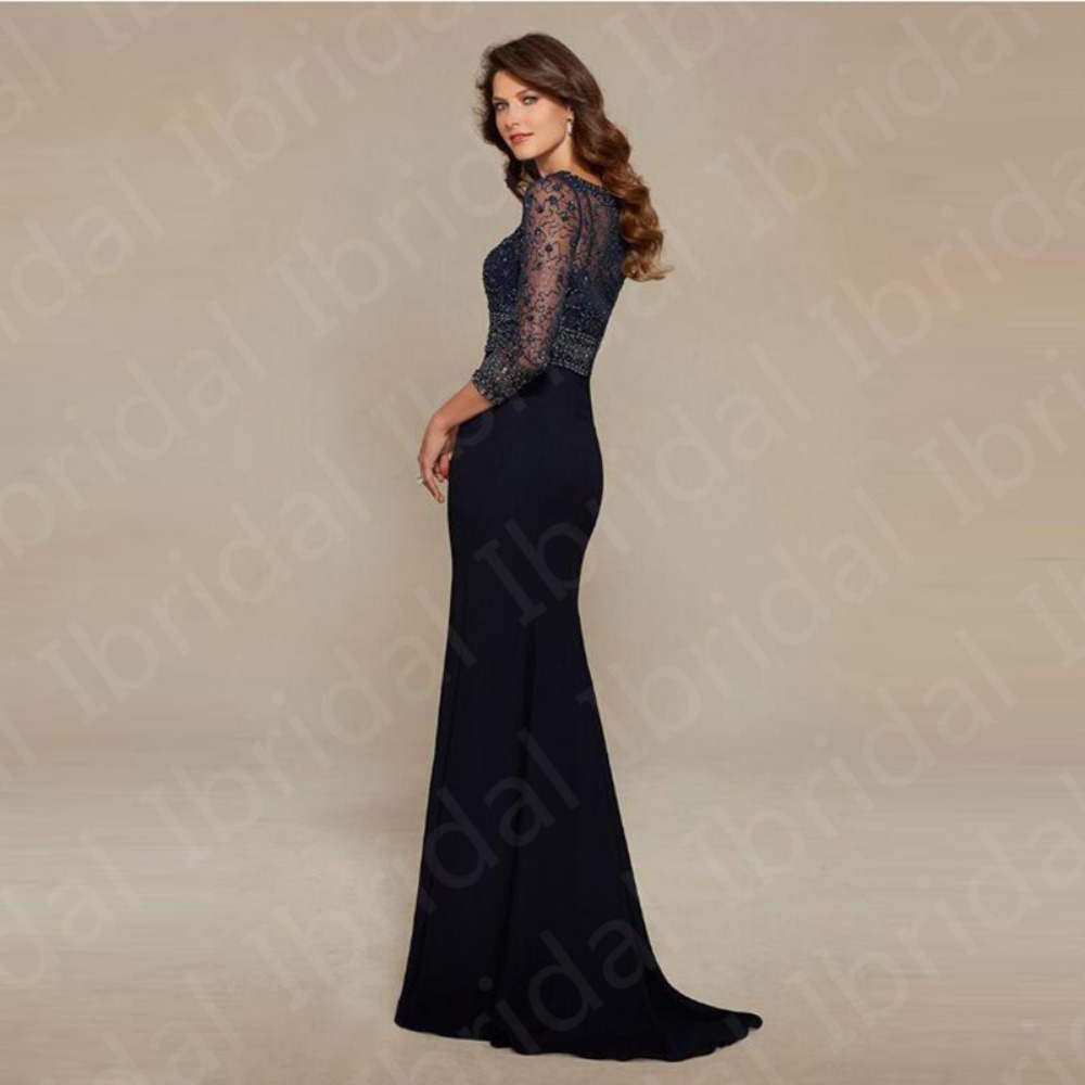 Gorgeous Dark Navy Beading Mother of the Bride Dresses Three Quarter Sleeves Chiffon Wedding Guest Gowns Evening Party Gown