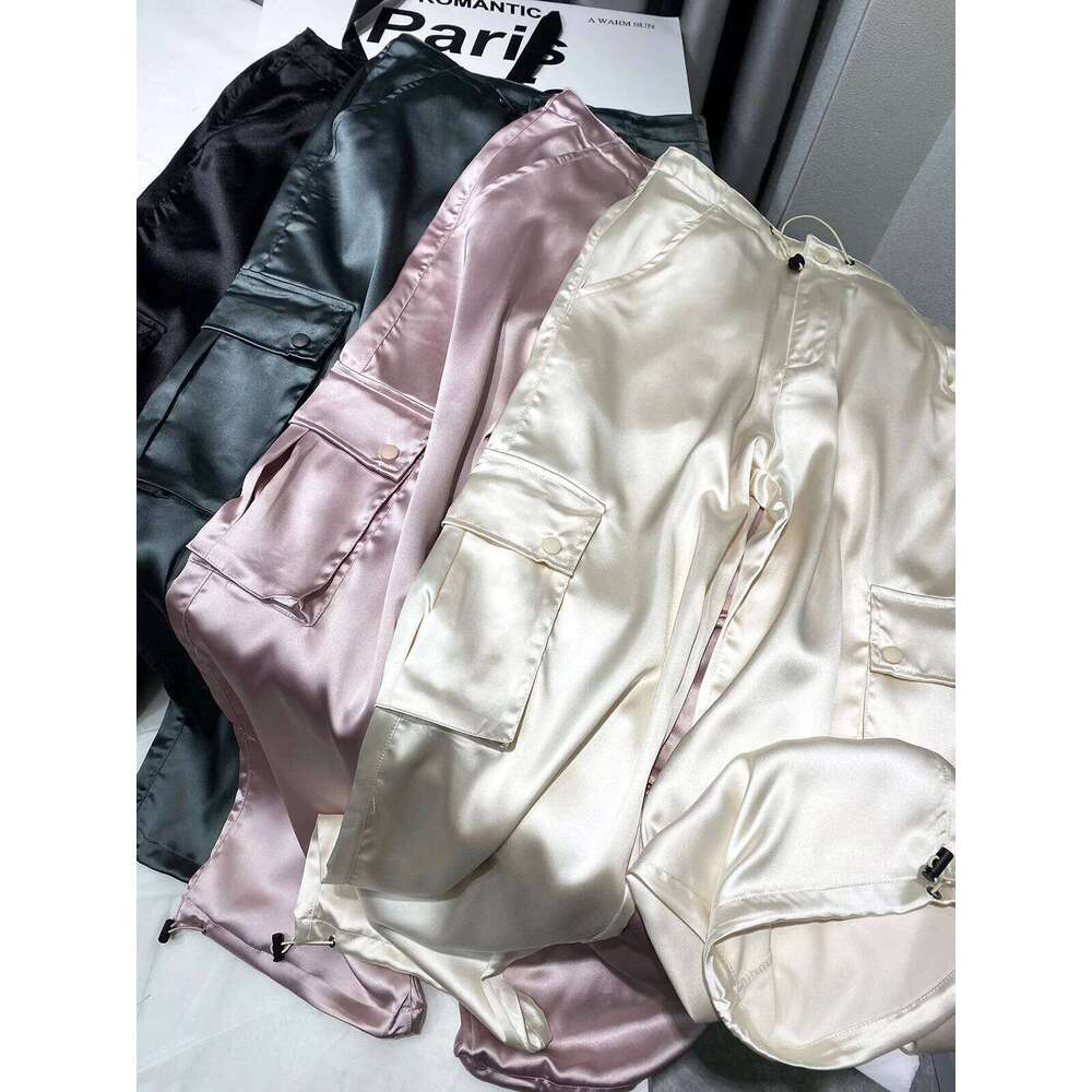 Silk Pink Drawstring Satin Baggy Cargo Pants Women Summer Solid Black Beige Gray Wide Leg Trousers Streetwear Vintage Bottoms