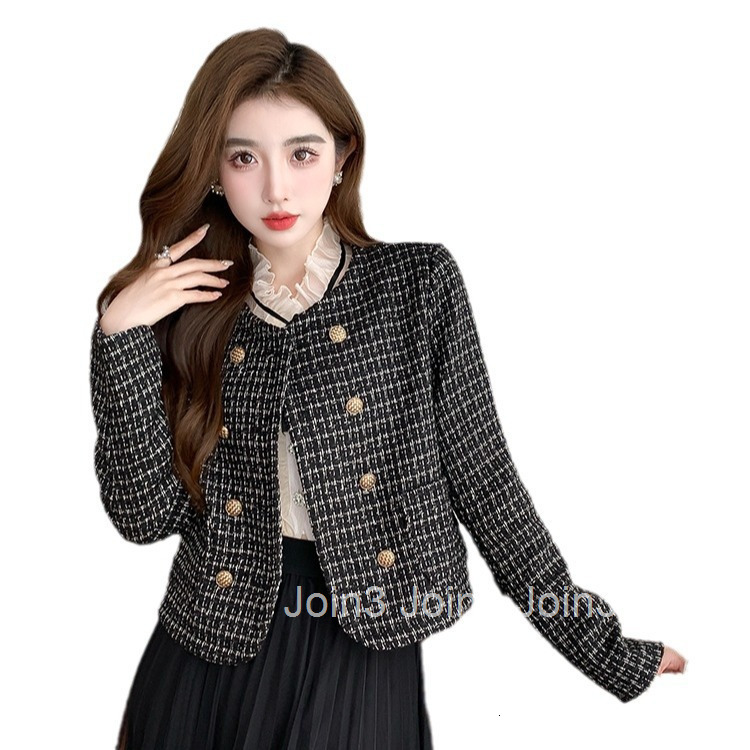 Autumn Winter New Socialite French Style Tweed Round Neck Double-Breasted Long Sleeve Short Coat Womens Top