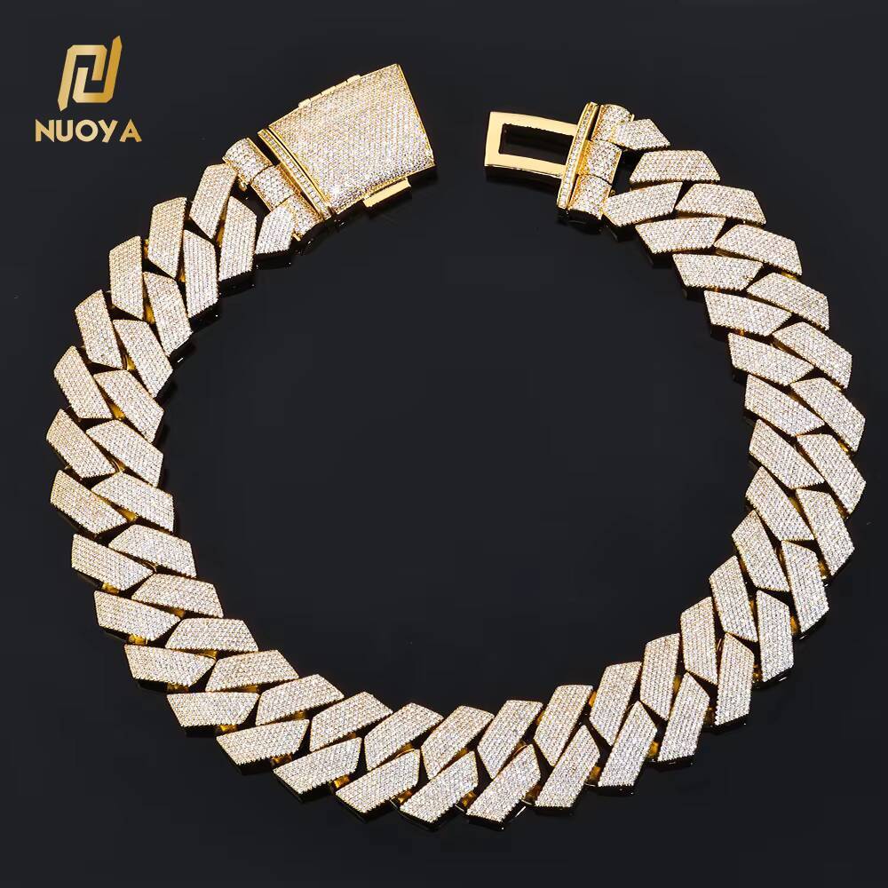 NUOYA 15mm Silver Plated Chunky Cuban Link Chain 7 ROW Diamond Prong Set Iced Hip Hop Necklace for Men Fine Jewelry