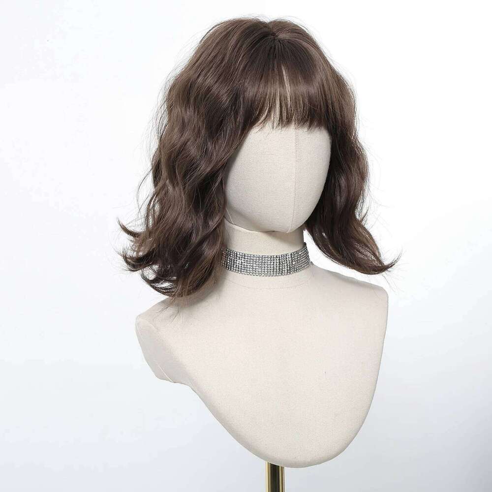 12 Inch Brown Bob Natural Synthetic Cute Hair Short Wavy Curly Wig With Bangs For Women Daily Party Use Heat Resistant Fiber