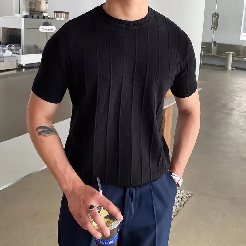 Summer Men Knit Ice Silk Tshirts High Quality Solid Color Stripe Short Sleeve Oneck Tee Tops Mens Thin Slim Fit Tshirts 250729