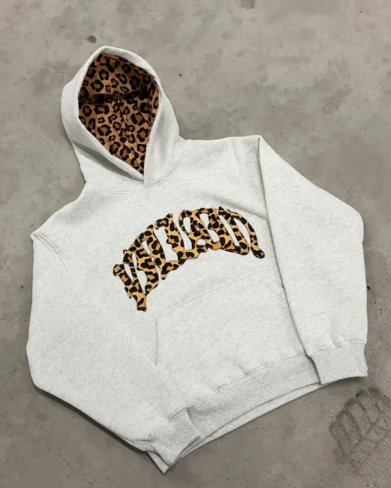 American hiphop leopard print letter embroidery men hoodie retro Harajuku street sports suit fashionable casual sweatshirts 250729