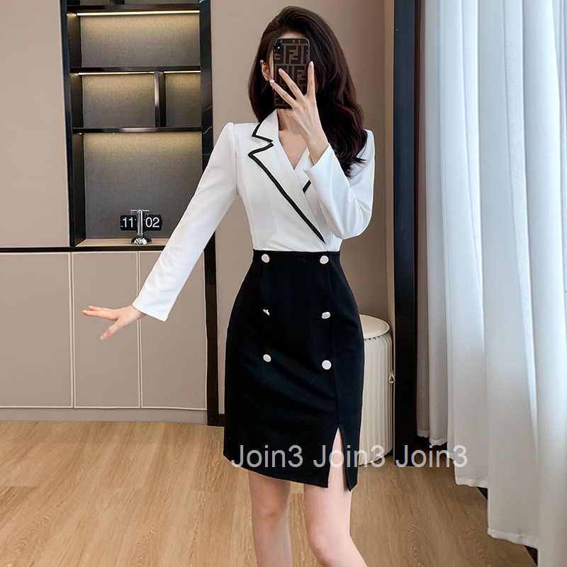 Autumn New Style Socialite Plus Size Women Slim Fit Elegant Professional Suit Collar Long Sleeve Bodycon Slit Mid-Length Dress