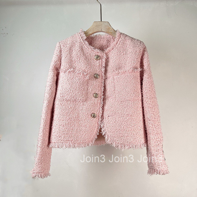 French Design Texture Small Fragrance Coat Womens Tweed Tassel Round Neck Temperament Pocket Celebrity Network Red Book Spring and Autumn New