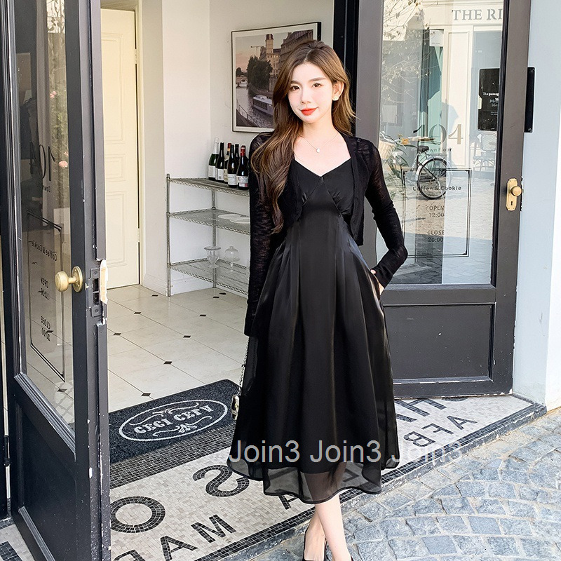 New French Style Elegant High-Waisted Strap Dress Slim Waist High-Length Dress V-Neck A-Line Dress