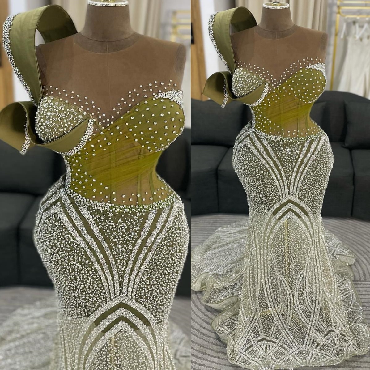 Mermaid Olive Green Prom Dresses 2025 Beaded Crystals Sheer Neck Evening Formal Party Second Birthday Engagement Gowns Plus Size Dress For Special Occ