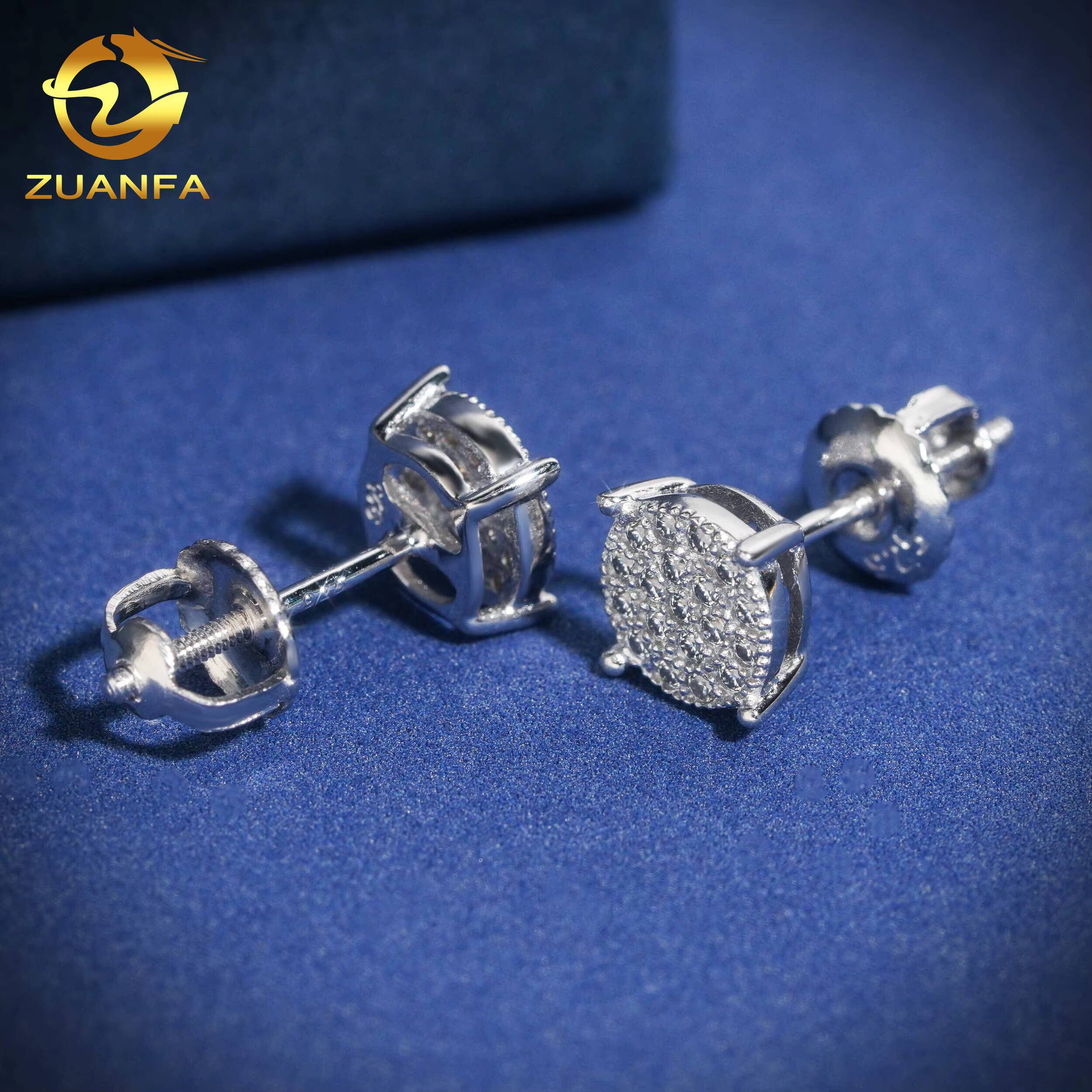 Hip Hop 14K Real White Gold Round Lab Diamond Cluster Earrings EverLasting Gift for Women Men Fine Jewelry