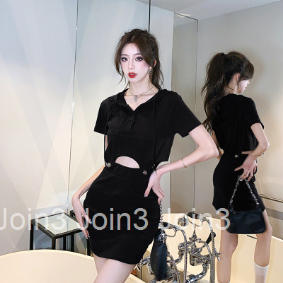 Summer New Women Pure Desire Style Sweet Cool Hot Girl Waist-Exposing Hooded Short Sleeve Top T-Shirt Half Skirt Set Dress