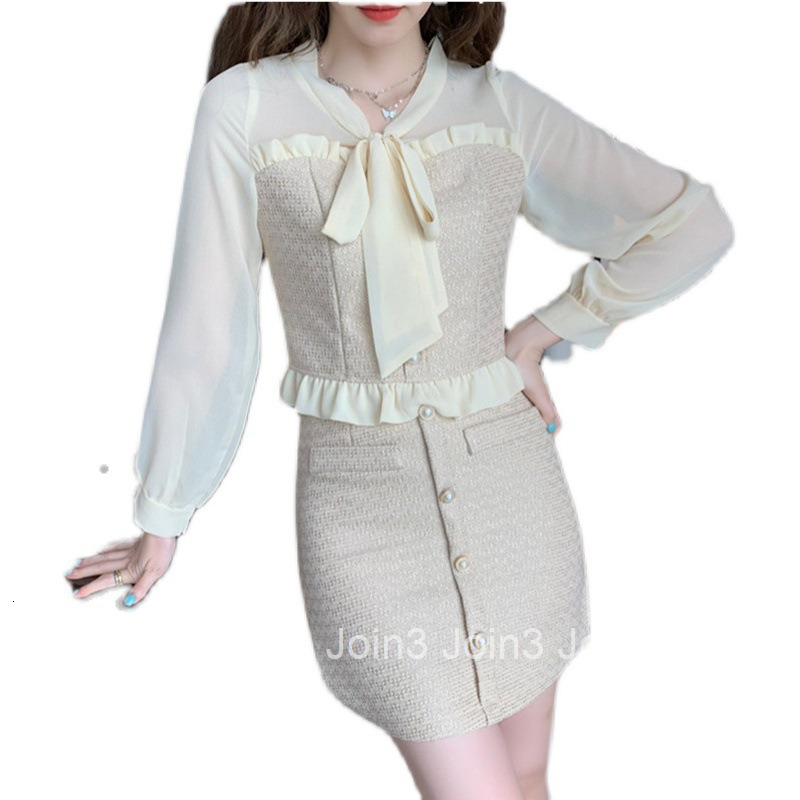 Autumn Winter New Style Elegant Slim Fit Bow Collar Long Sleeve Top and Short Skirt Set for Women