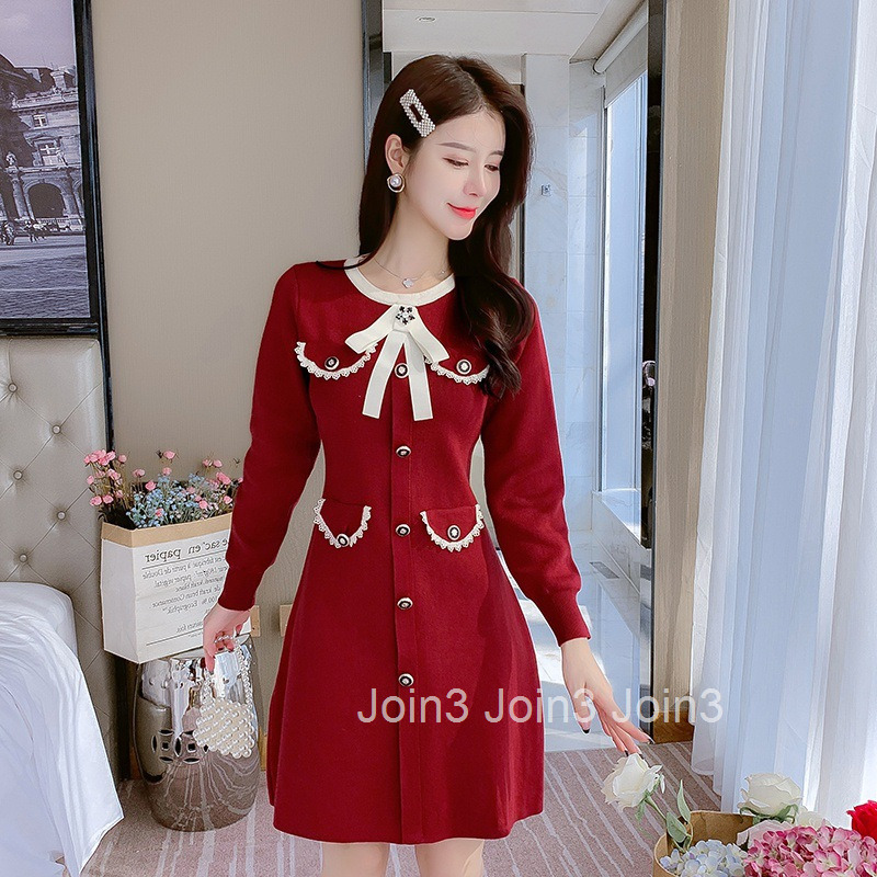 Autumn Winter New Festive Red Party Slim Elegant Knitted Thick Long Sleeve Dress Short Dress for Women