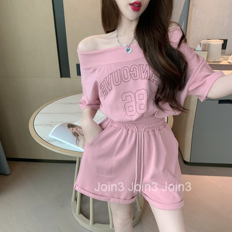 Summer New Fashion Casual Sports Mid-Sleeve Sweatshirt T-Shirt + Elastic Waist Wide-Leg Shorts Set for Women