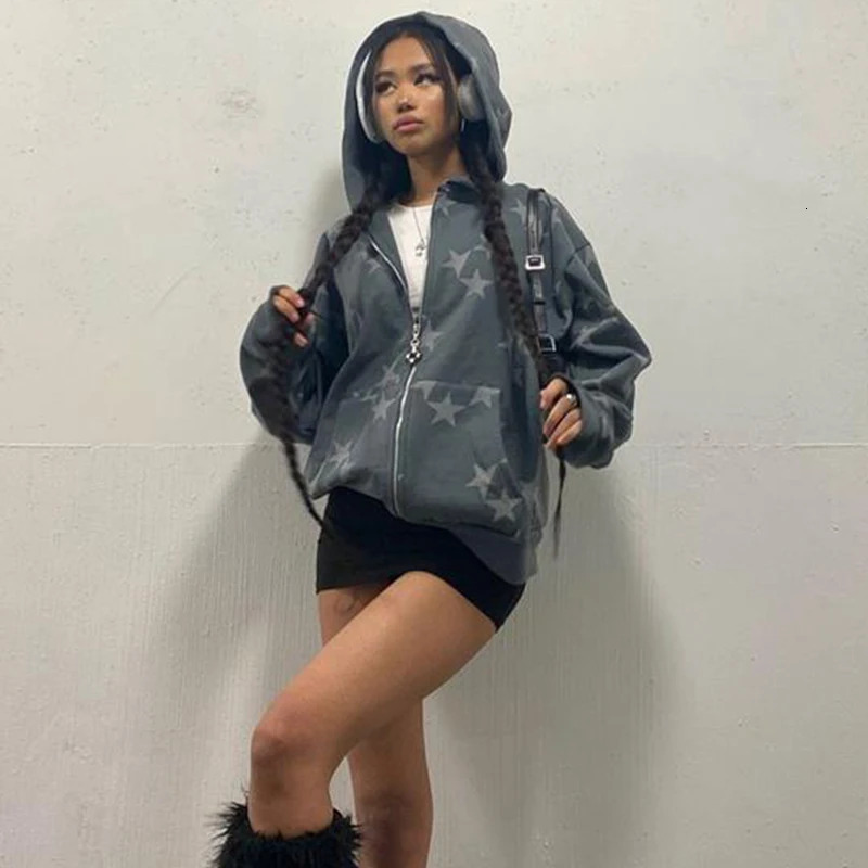 Women Hoodies Gothic Vintage Hip Hop Grunge Jacket Star Print Zip Up Coat Casual Harajuku Loose Sweatshirt Clothes Y2K Tops 250729
