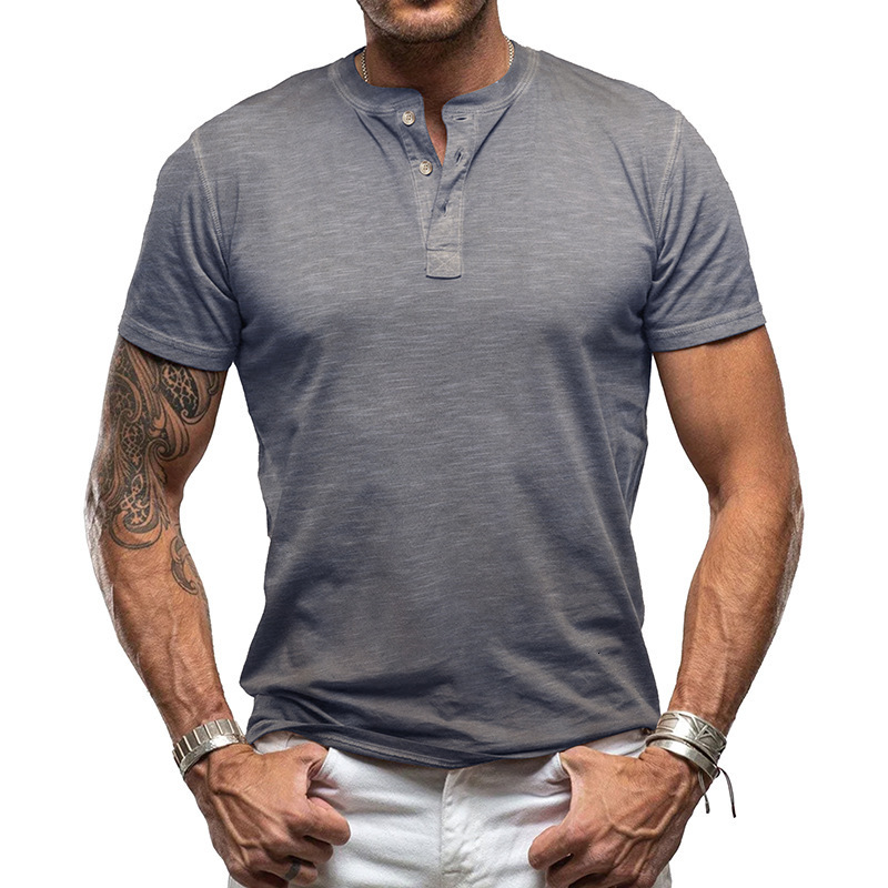 2024 Summer New Short Mens Solid Color Bamboo Henley Shirt American Style Mens Fashion T-Shirt