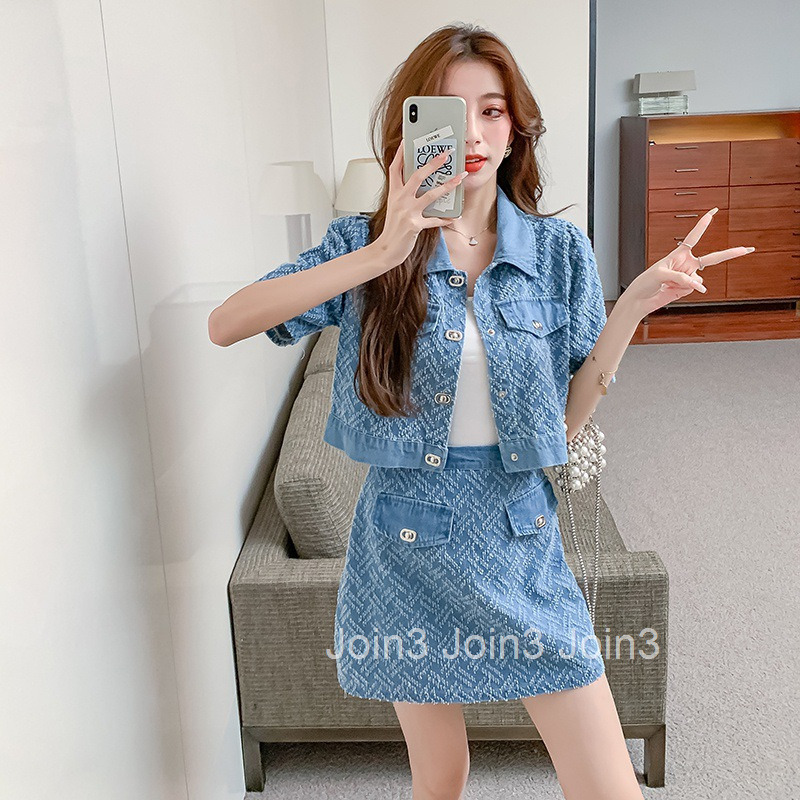 2025 Summer New Fashion Womens Stylish Street Style Short Sleeve Denim Top Bodycon Short Skirt Two-Piece Set for Women