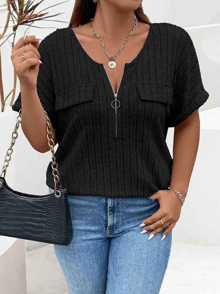 GIBSIE Plus Size Solid ORing Zip Front TShirt for Women Summer ONeck Short Sleeve Rib Knit Casual Tees Tops Female 250729