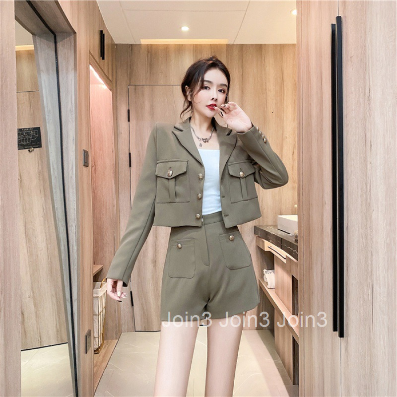 Autumn Winter Fashion Internet Celebrity Stylish Blazer Collar Long Sleeve Jacket Top + Camisole + Shorts Three-Piece Set