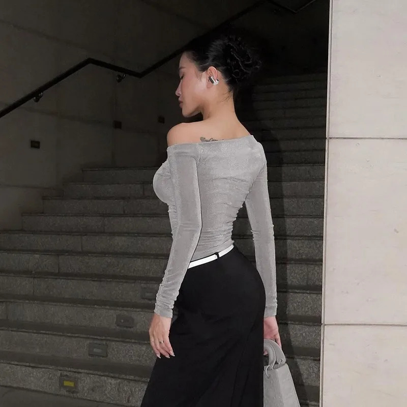 Women Tshirt Autumn Sexy Crop Top Off Shoulder Slim Solid Tees Long Sleeves Streetwear Pullover Asymmetrical Clothing 250729