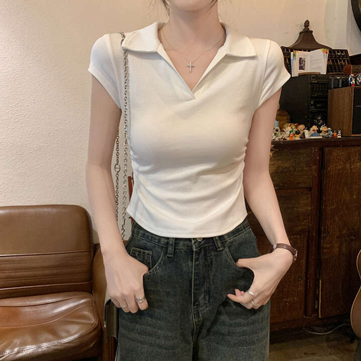 sxzy Summer Hot Girl Slim Fit Off-Shoulder T-Shirt Women Sleeve Design Irregular Pleated Short Polo Shirt Top