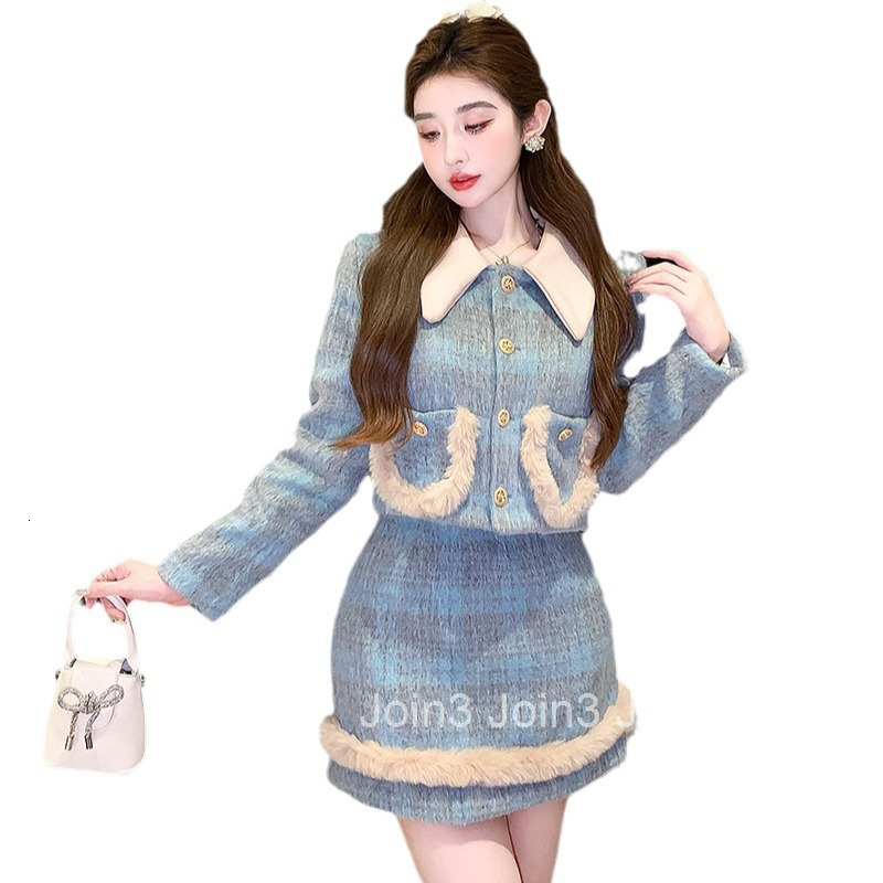 Winter New Fashion Small Fragrance Style Suit Quilted Elegant Turn-Down Collar Long Sleeve Jacket and Short Skirt Two-Piece Set