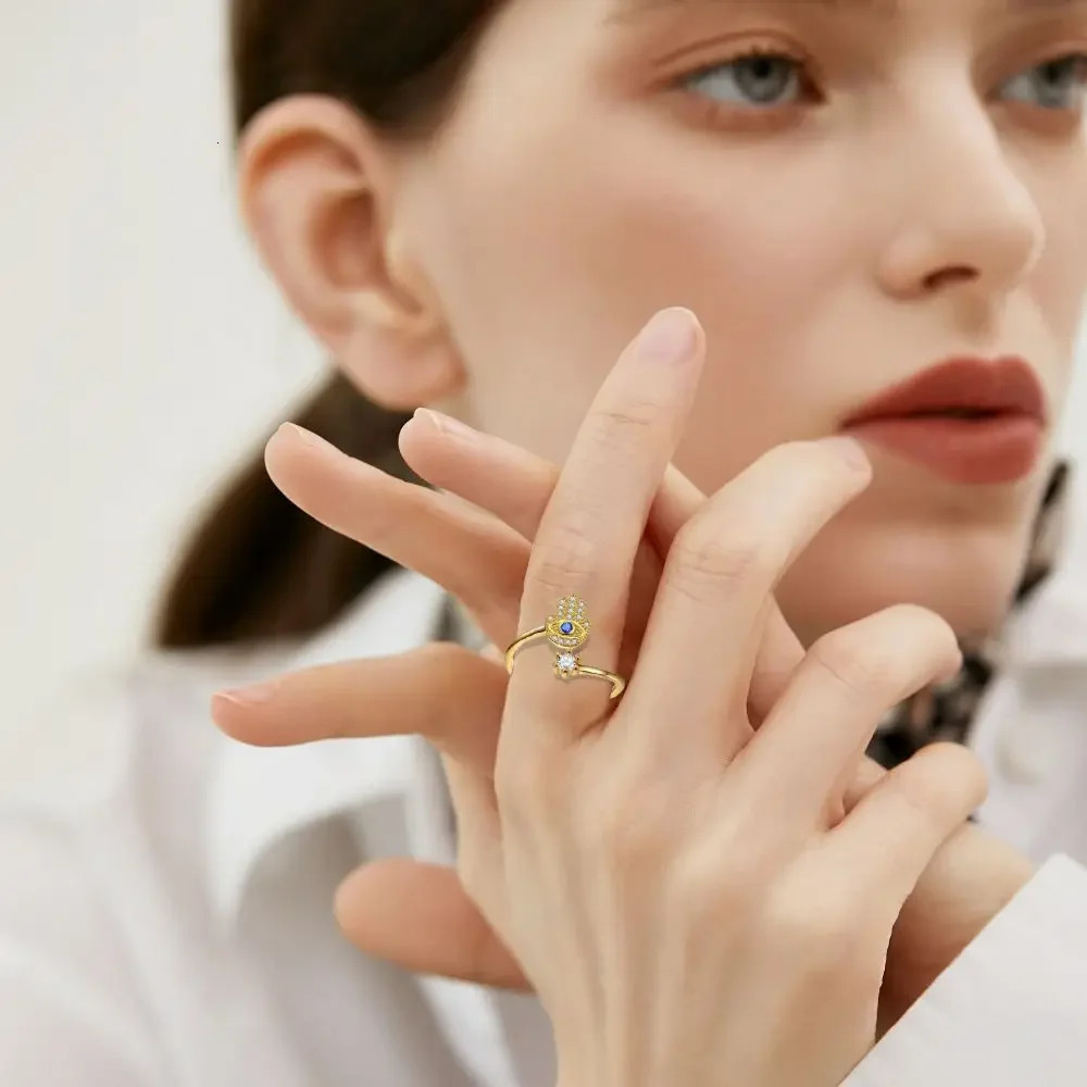 YILUOCD Hamsa Fatimas Hand Open Rings Turkish Blue Cubic Zircon Ring Protection Amulet Islamic Je Jewelry 250729