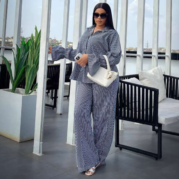 Women's Fashion Striped Button-Up Flared Long Sleeve Shirt Wide-Leg Pants Casual Set For Women B5