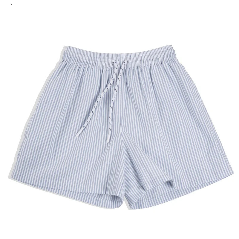 100% Cotton Womens Blue White Striped Shirt and Shorts Sets Loose Casual French Classic Summer Suit Elegant Matching Two Piece Set 250729