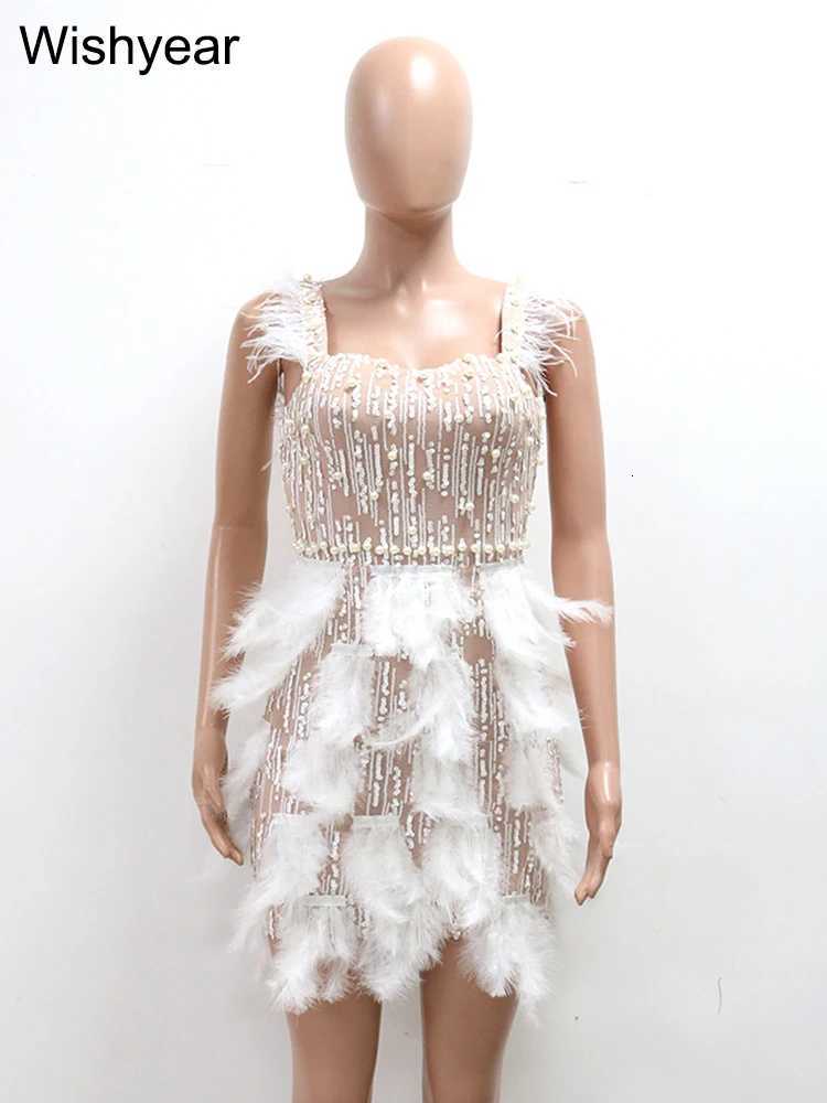 New Elegant Pearl Feather Strap Bodycon Midi Dress Sexy Night Club Party Wedding Guest Evening Women Birthday Clothing Z250728