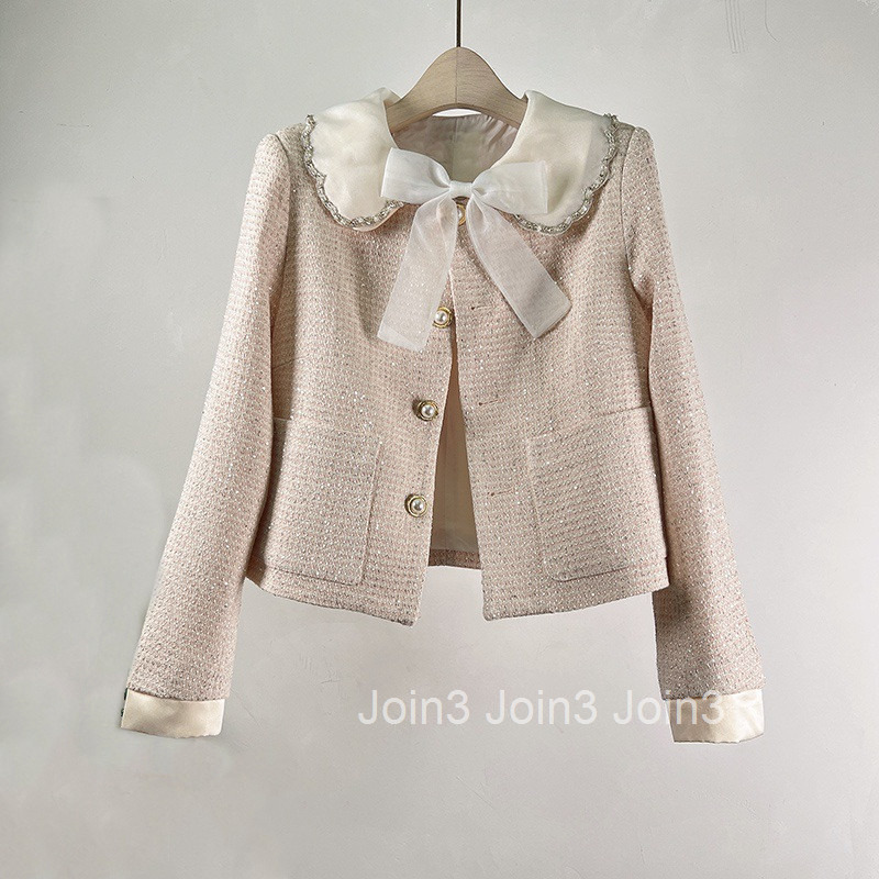 Net red celebrity temperament small fragrance coat womens tweed spring and autumn new small bow top