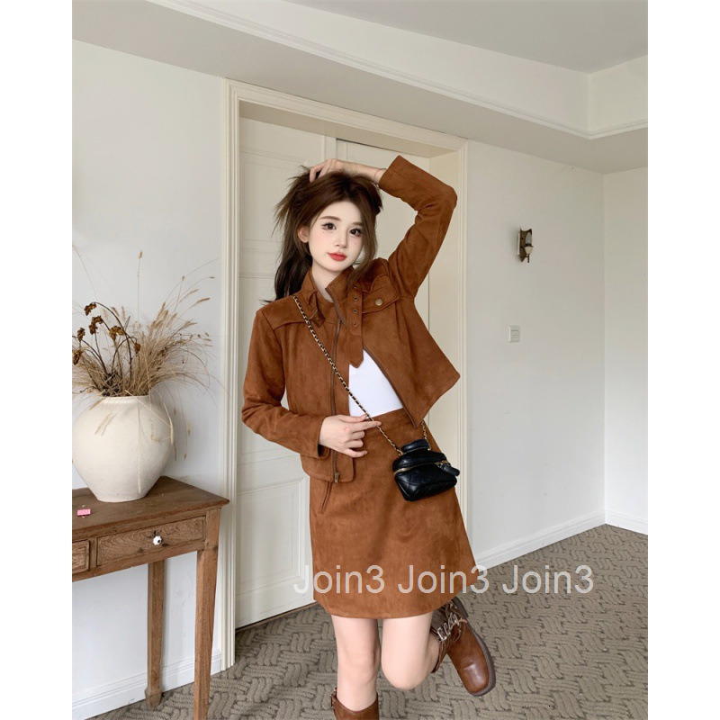 Autumn Winter New Casual Plus Size Women Trendy Melad Elegant Zipper Long Sleeve Motorcycle Jacket Top Short Skirt Set