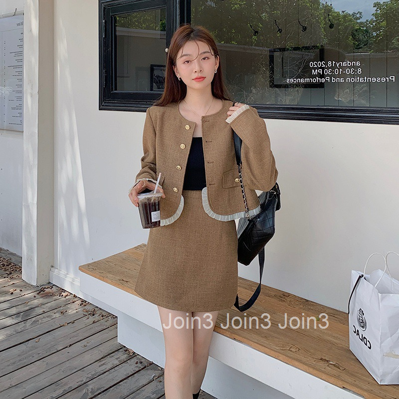 Autumn Winter New French Style Small Fragrance Round Neck Single-Breasted Long Sleeve Jacket and Short Skirt Set for Women