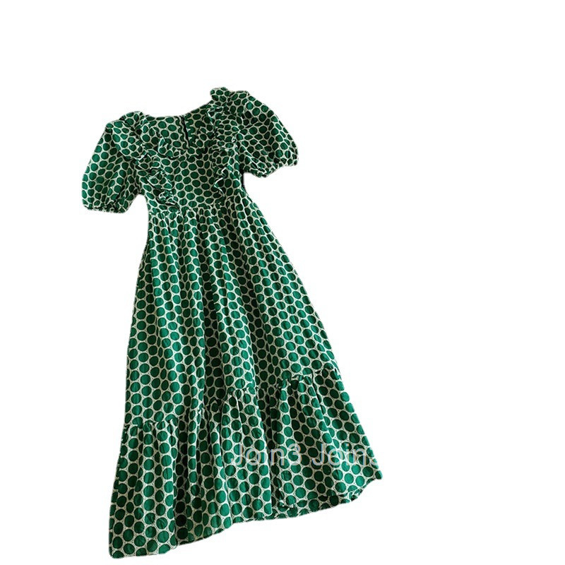 Summer New Internet Celebrity French Design High Waist V-neck Ruffle Dress Embroidered Short Sleeve Dress Long Dress