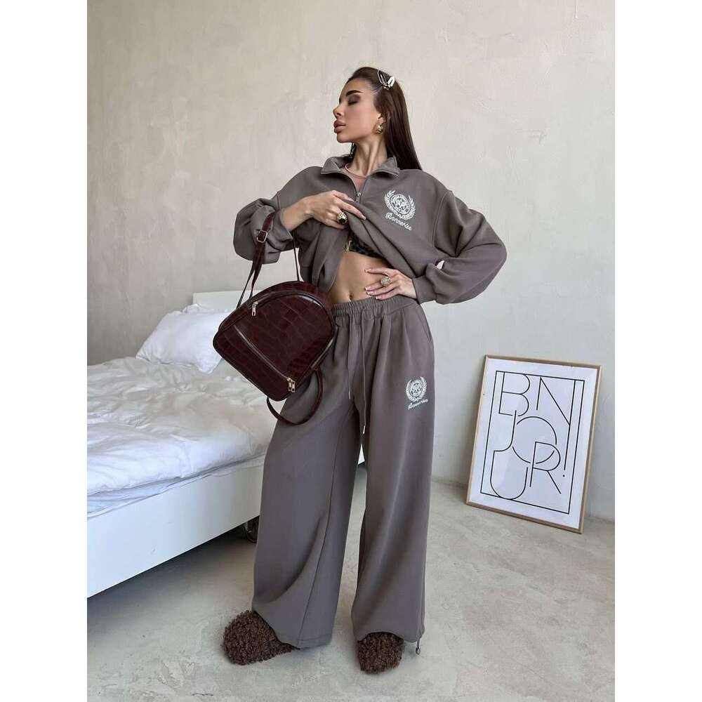 2025 Summer New Heavy Embroidery Half-Zip Long Sleeve Top Wide-Leg Pants Slimming Two-Piece Set for Women