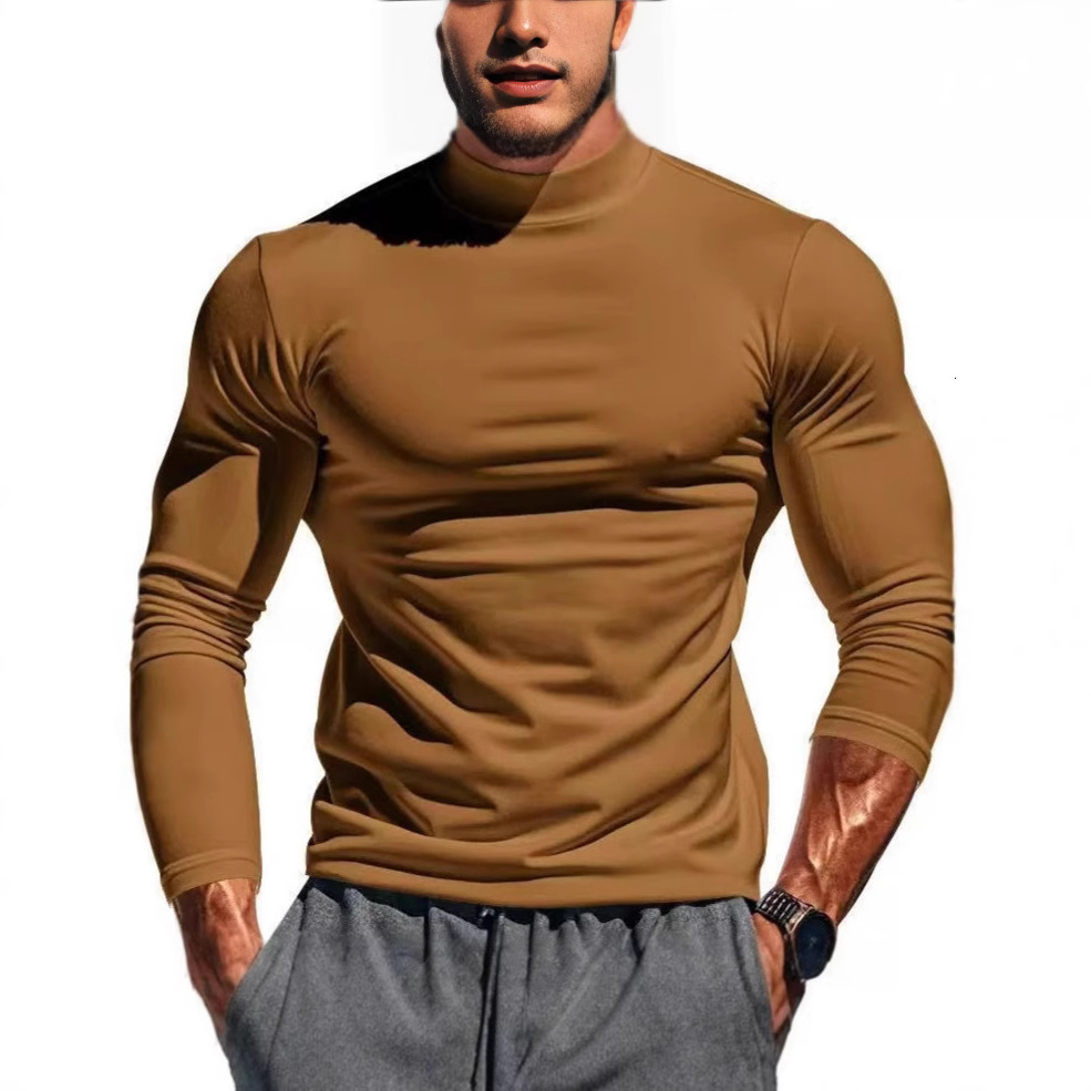 Mens Autumn Winter Thermal Pure Long Sleeve T-Shirt Knitted Base Shirt Slim Fit Half High Collar Mens Top