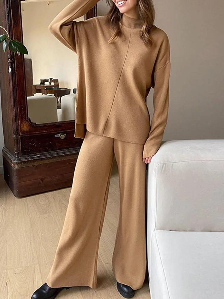 2 Piece Korean Knit Sets for Women Knitwears Half Turtleneck Pullover Tops Loose High Waist Wide Leg Sweatpants Tracksuit 250729