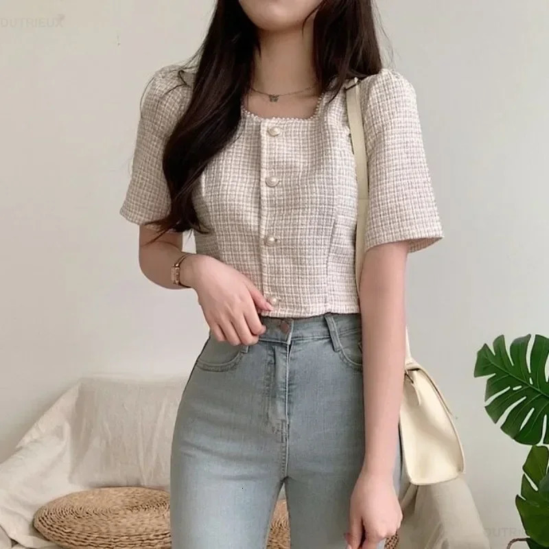 Vintage Shirts Tweed Short Sleeved Coat Tops Womens Single Breasted Pink Plaid Cardigan Beaded Crop Jackets Summer Y2k 250729