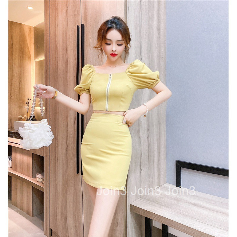 Summer New Fashion Internet Celebrity Style Square Neck Zipper Short Sleeve Top + Bodycon Short Skirt Set