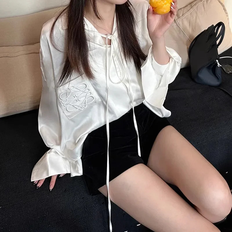 Jinqian satin imitation acetic acid streamer embroidered shirts blouses loose and thin lazy longsleeved womens tops 250724