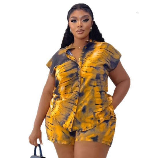 Women's Short Sleeve Turn-Down Collar Plus Size Printed Shirt Casual Shorts Fashion Loose Two-Piece Set For Women B5