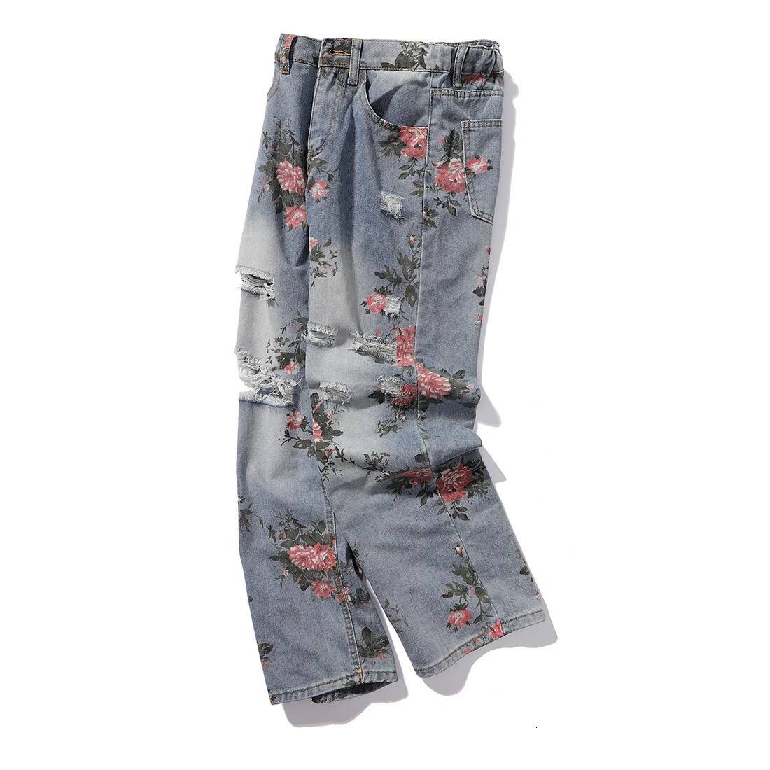 Rose Printed Men's And Women's Straight Wide Leg Denim Ripped Autumn New Vintage Relaxed Fit Jeans Pants S-3Xl